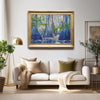 original oil painting by Nicole Athena of cypress trees in swamp with reflections on water mocked up in living room
